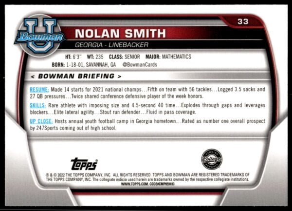 2022 Bowman University Chrome Nolan Smith #33 (Back)