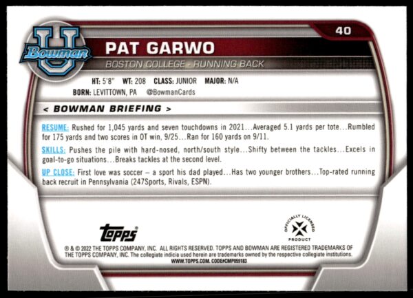 2022 Bowman University Chrome Pat Garwo #40 (Back)