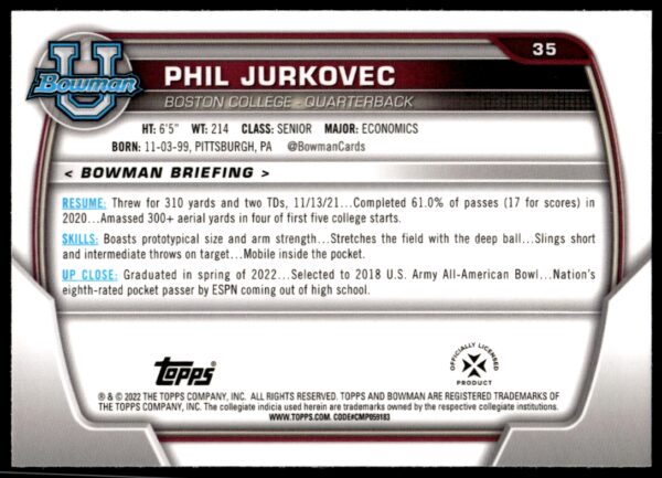 2022 Bowman University Chrome Phil Jurkovec #35 (Back)