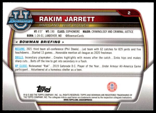 2022 Bowman University Chrome Rakim Jarrett #2 (Back)