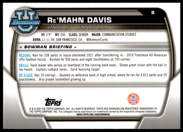 2022 Bowman University Chrome Re'Mahn Davis #8 (Back)