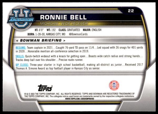 2022 Bowman University Chrome Ronnie Bell #22 (Back)