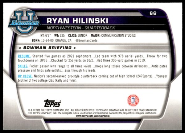 2022 Bowman University Chrome Ryan Hilinski #66 (Back)