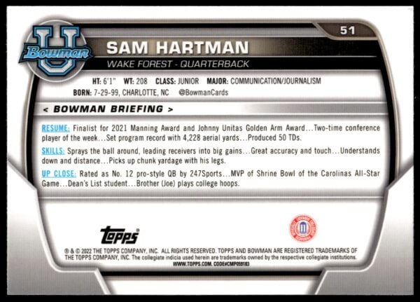 2022 Bowman University Chrome Sam Hartman #51 (Back)