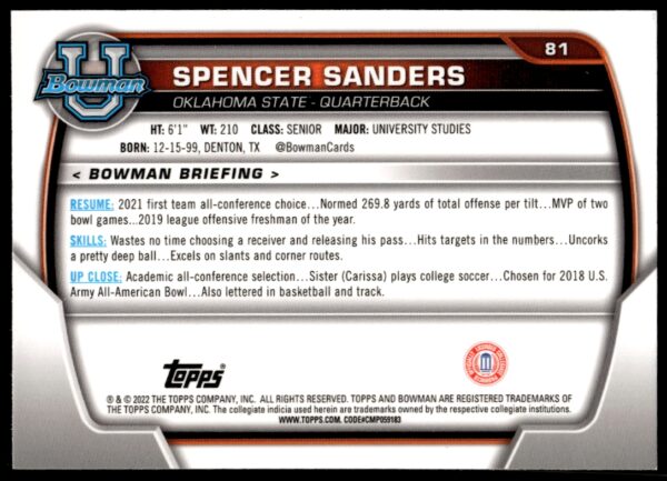 2022 Bowman University Chrome Spencer Sanders #81 (Back)