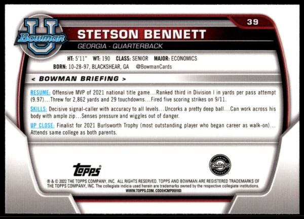 2022 Bowman University Chrome Stetson Bennett #39 (Back)