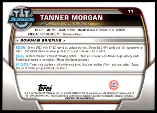 2022 Bowman University Chrome Tanner Morgan #11 (Back)