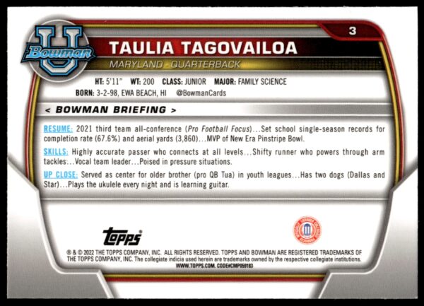 2022 Bowman University Chrome Taulia Tagovailoa #3 (Back)