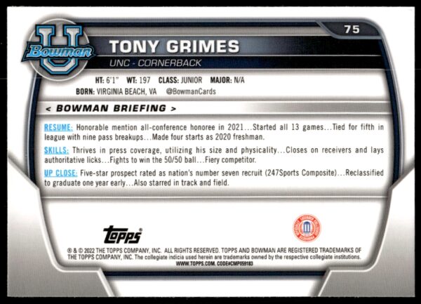 2022 Bowman University Chrome Tony Grimes #75 (Back)