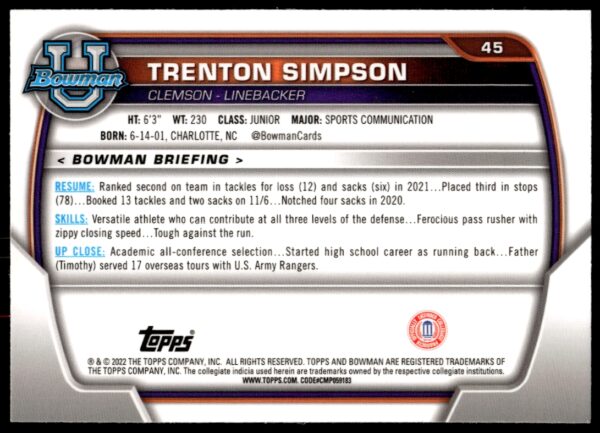 2022 Bowman University Chrome Trenton Simpson #45 (Back)