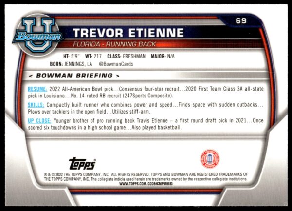 2022 Bowman University Chrome Trevor Etienne #69 (Back)