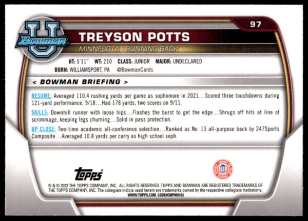 2022 Bowman University Chrome Treyson Potts #97 (Back)