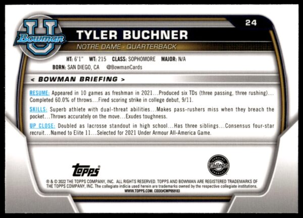 2022 Bowman University Chrome Tyler Buchner #24 (Back)