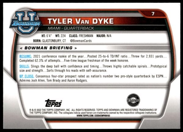 2022 Bowman University Chrome Tyler Van Dyke #7 (Back)