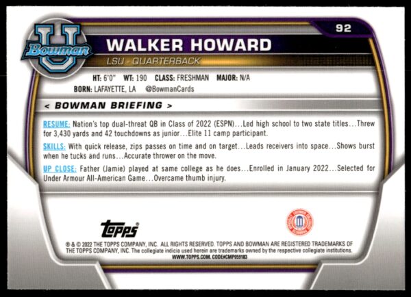 2022 Bowman University Chrome Walker Howard #92 (Back)