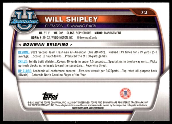 2022 Bowman University Chrome Will Shipley #73 (Back)