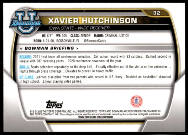 2022 Bowman University Chrome Xavier Hutchinson #32 (Back)