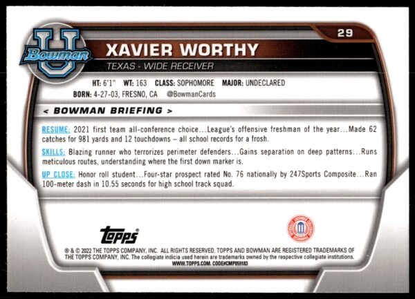 2022 Bowman University Chrome Xavier Worthy #29 (Back)