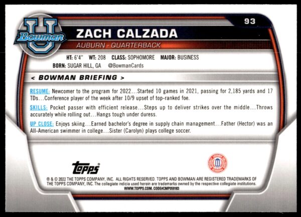 2022 Bowman University Chrome Zach Calzada #93 (Back)