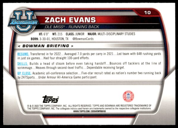 2022 Bowman University Chrome Zach Evans #10 (Back)