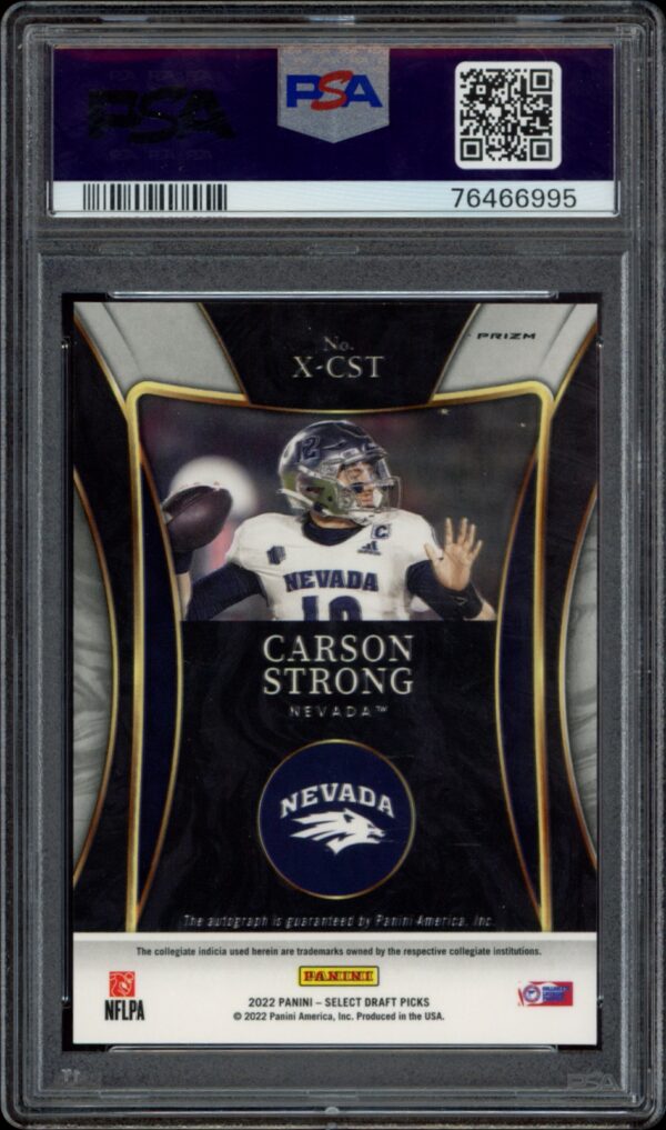 PSA-graded card of quarterback Carson Strong from 2022 Panini Select Draft Picks series.