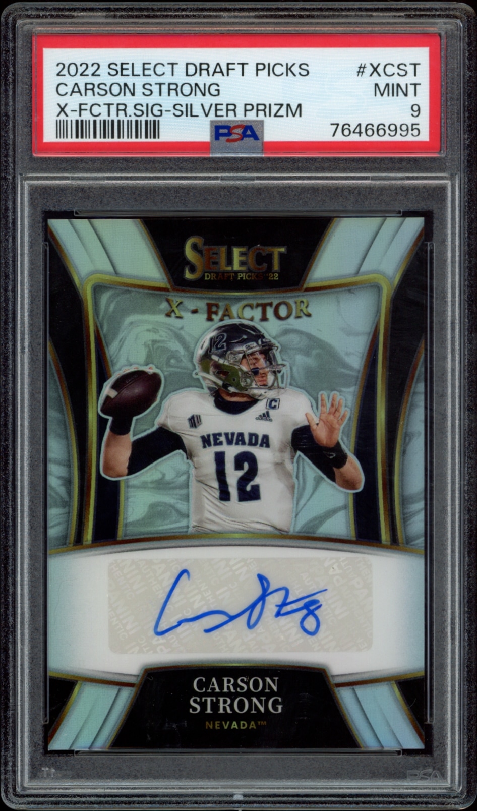 PSA 9 graded 2022 Panini Select Carson Strong Silver Prizm autographed card.