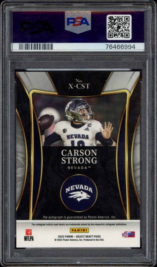 PSA-rated 2022 Panini Select Card featuring quarterback Carson Strong from Nevada.