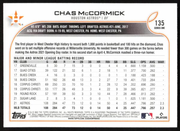 2022 Topps Series 1 Chas McCormick #135 (Back)