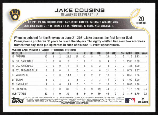 2022 Topps Series 1 Jake Cousins #20 (Back)