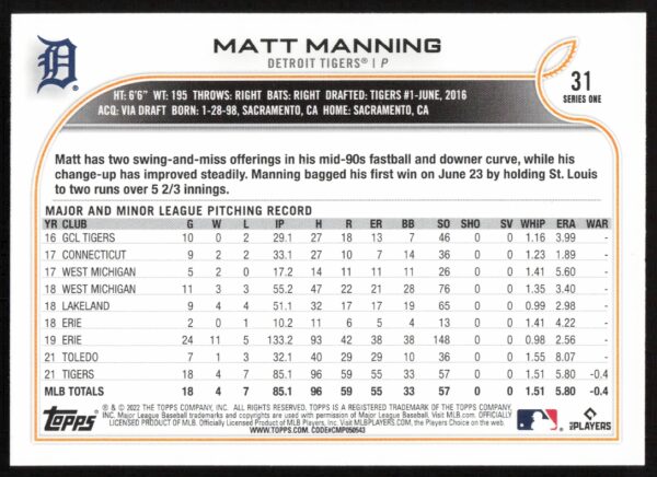 2022 Topps Series 1 Matt Manning #31 (Back)