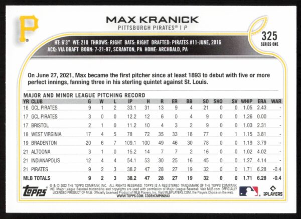 2022 Topps Series 1 Max Kranick #325 (Back)