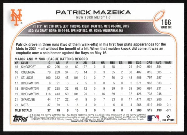 2022 Topps Series 1 Patrick Mazeika #166 (Back)