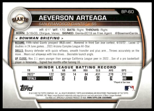 2023 Bowman Aeverson Arteaga Prospects #BP-60 (Back)