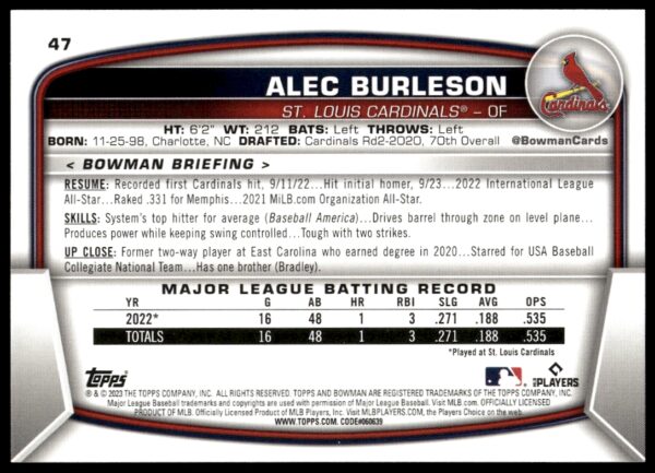 2023 Bowman Alec Burleson #47 (Back)