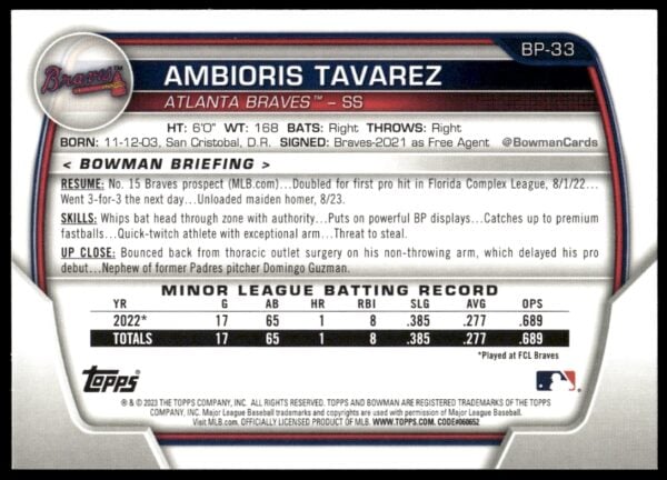 2023 Bowman Ambioris Tavarez Prospects #BP-33 (Back)