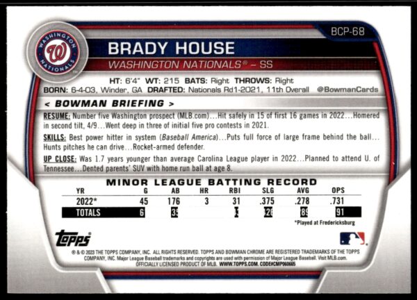 2023 Bowman Brady House Prospects #BP-68 (Back)