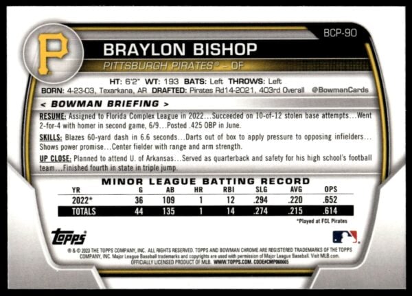 2023 Bowman Braylon Bishop Chrome Prospects #BCP-90 (Back)