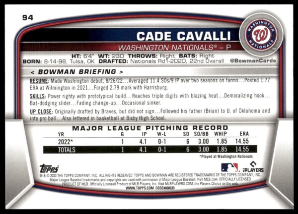 2023 Bowman Cade Cavalli #94 (Back)