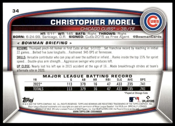 2023 Bowman Christopher Morel #34 (Back)