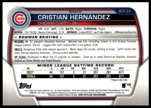 2023 Bowman Cristian Hernandez Prospects #BP-24 (Back)