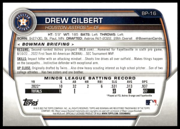 2023 Bowman Drew Gilbert Prospects #BP-16 (Back)