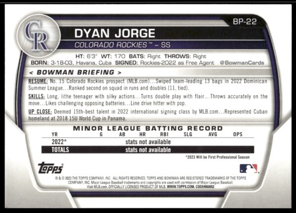 2023 Bowman Dyan Jorge Prospects #BP-22 (Back)