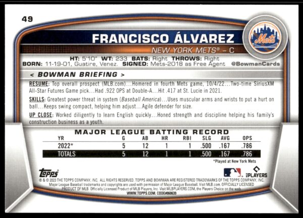 2023 Bowman Francisco Alvarez #49 (Back)