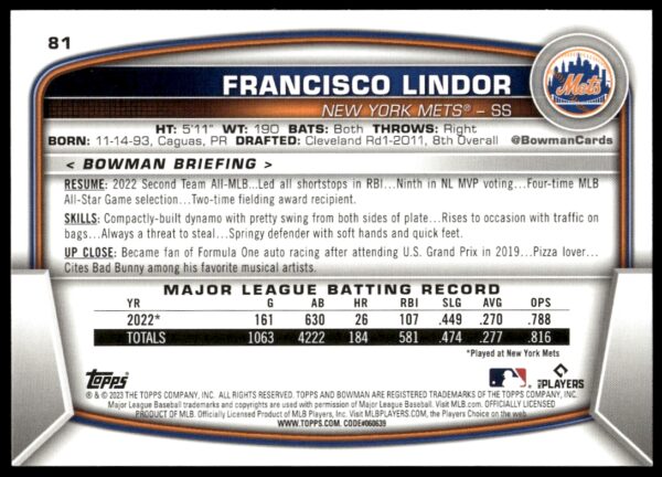 2023 Bowman Francisco Lindor #81 (Back)