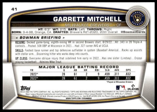 2023 Bowman Garrett Mitchell #41 (Back)