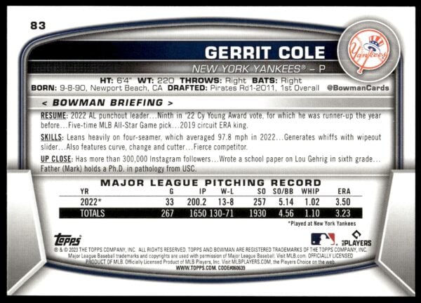 2023 Bowman Gerrit Cole #83 (Back)