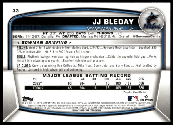 2023 Bowman JJ Bleday #33 (Back)