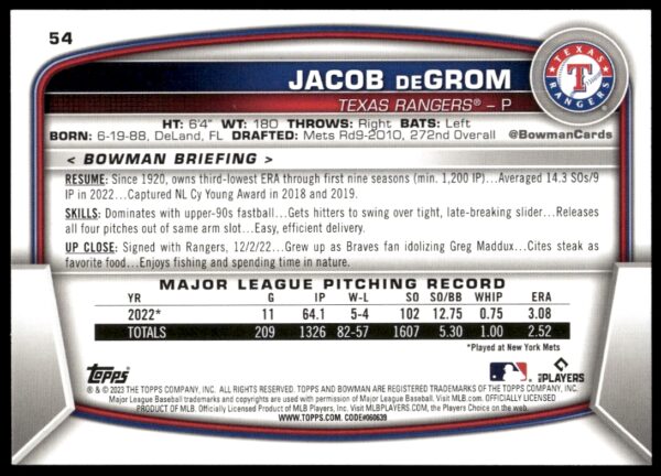 2023 Bowman Jacob deGrom #54 (Back)