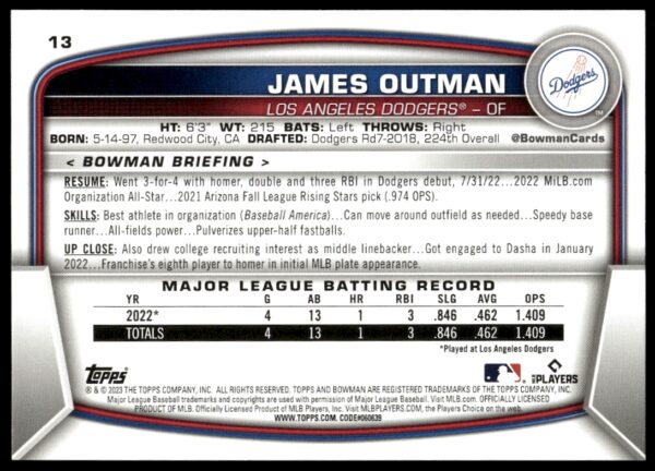 2023 Bowman James Outman #13 (Back)