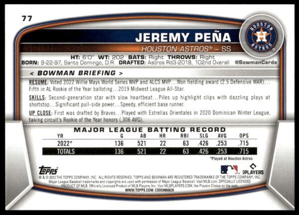 2023 Bowman Jeremy Pena #77 (Back)